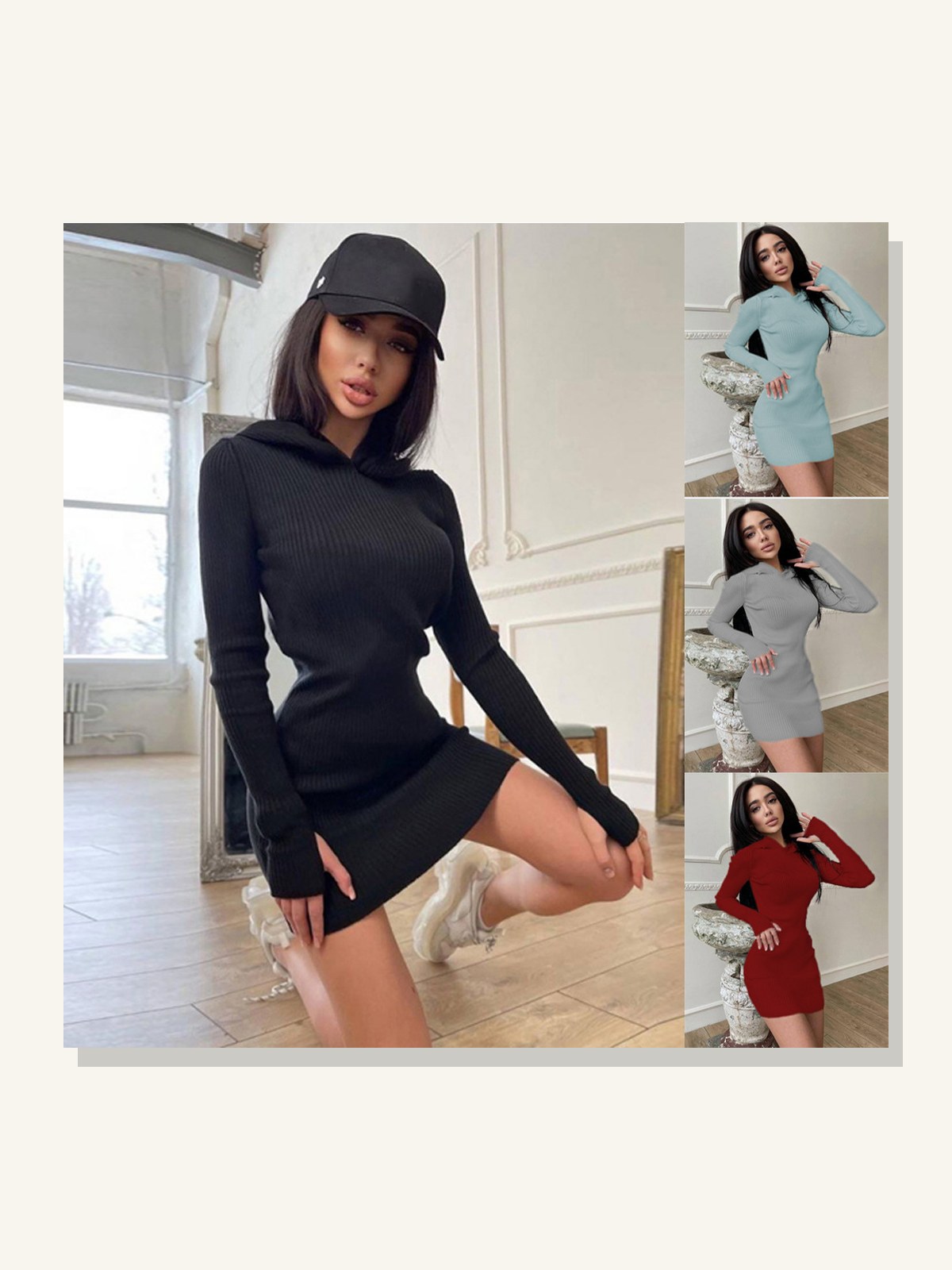Hooded Long-Sleeve Woolen Dress solid studio product photo for Velvet Souq UAE