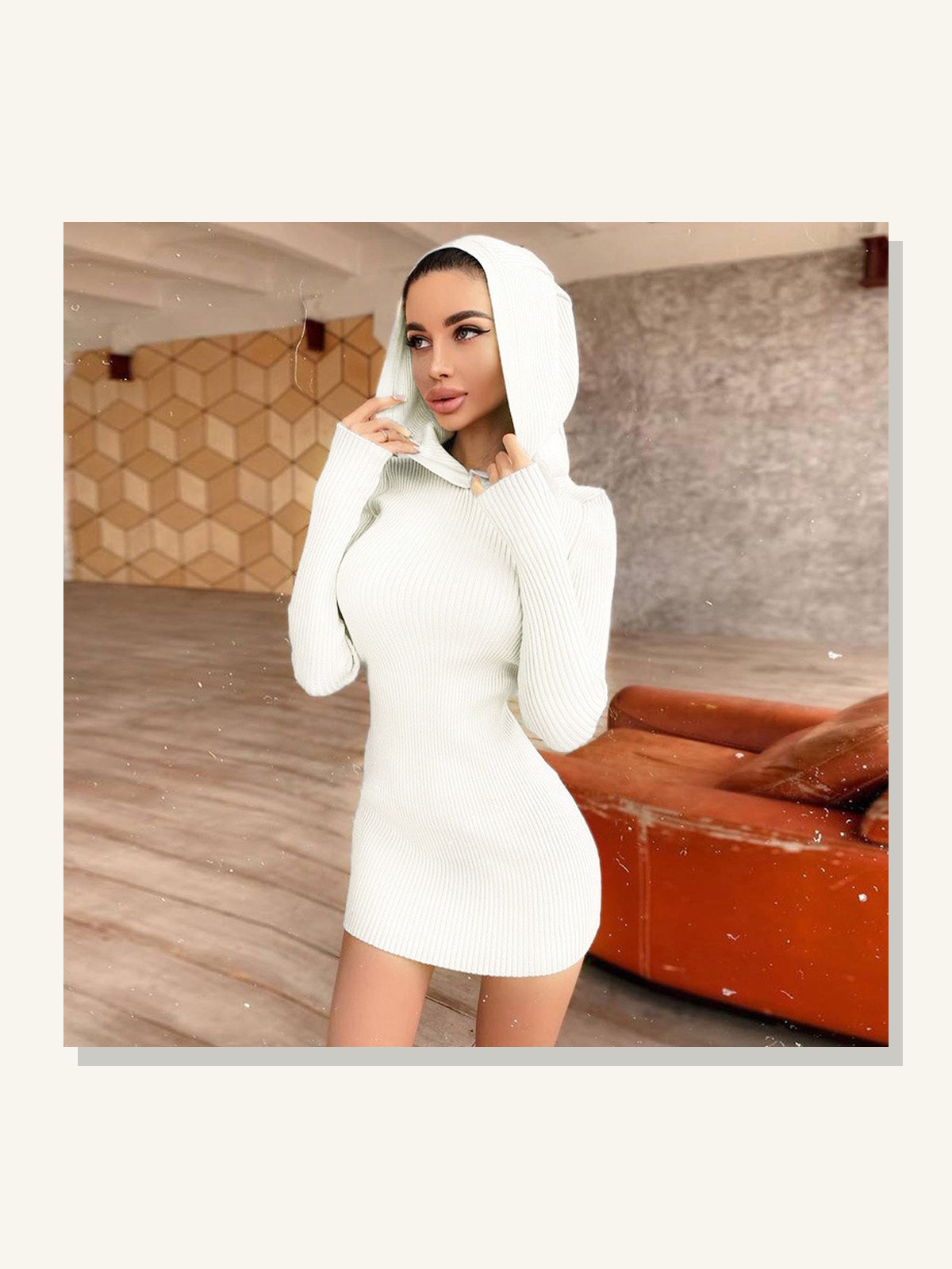 Hooded Long-Sleeve Woolen Dress gallery image