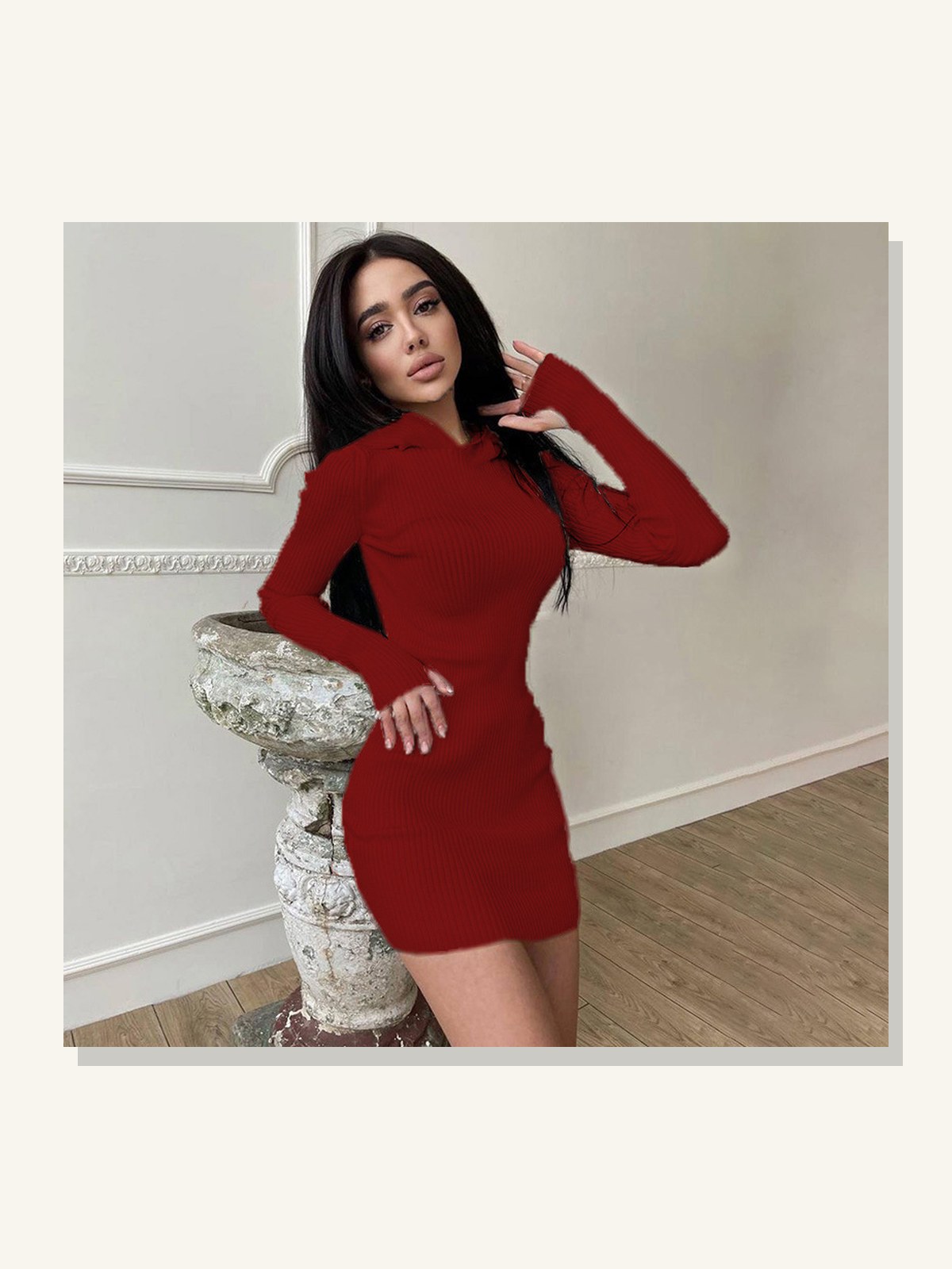 Hooded Long-Sleeve Woolen Dress gallery image