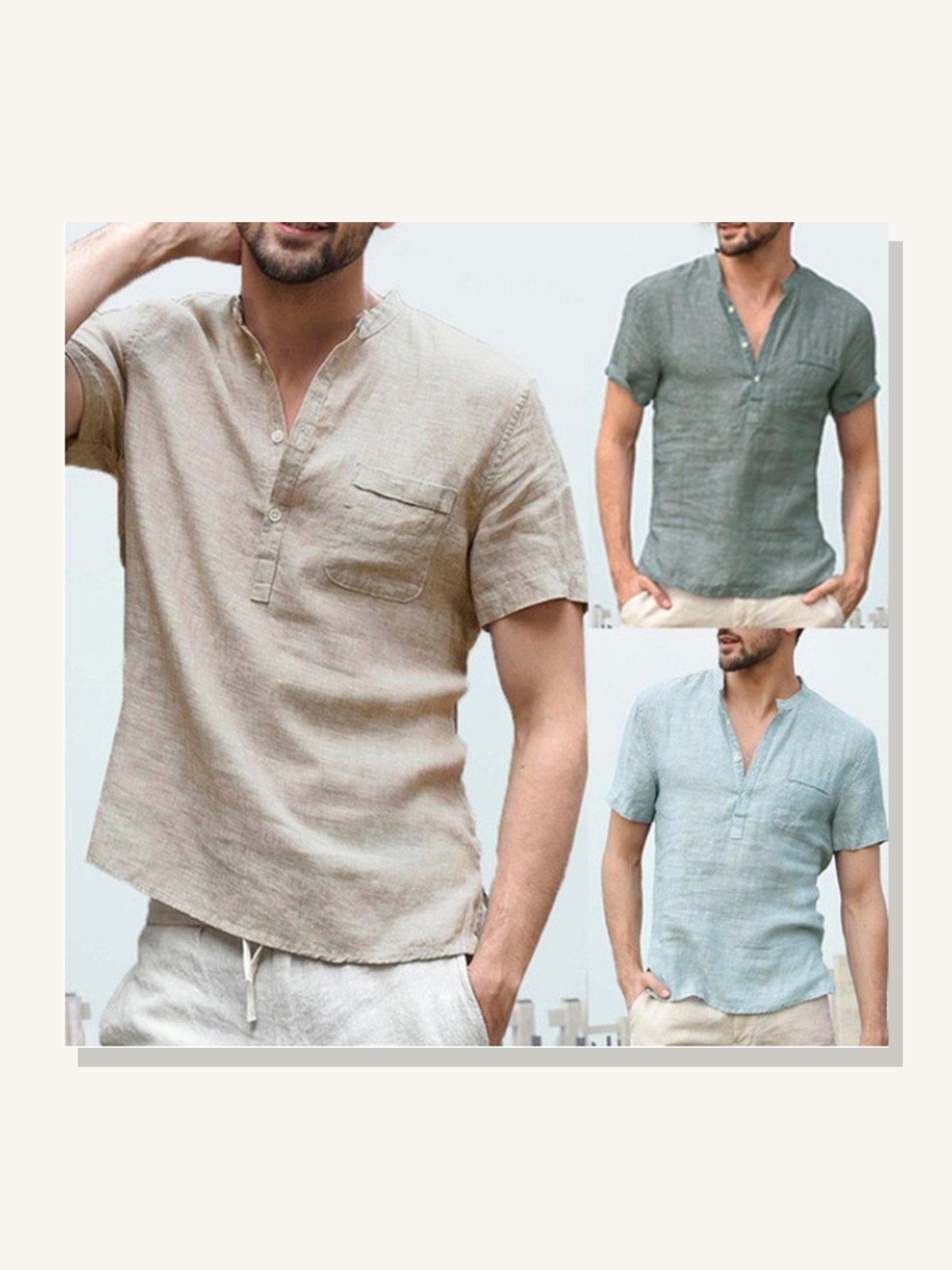Men’s Linen V-Neck Beach Shirt solid studio product photo for Velvet Souq UAE