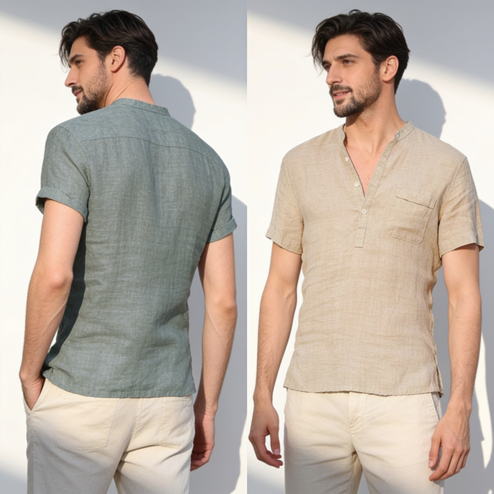 Men’s Linen V-Neck Beach Shirt solid studio product photo for Velvet Souq UAE