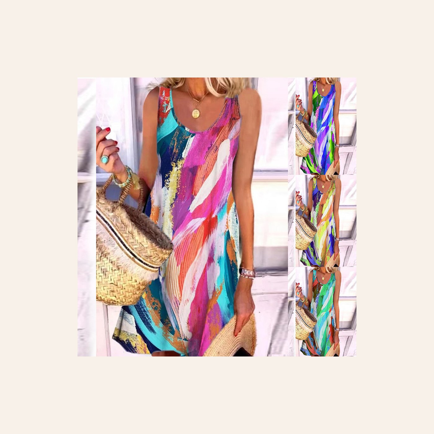 Graffiti Print Sleeveless Dress Ladies Summer Beach Dresses clean ecommerce product photo for Velvet Souq UAE