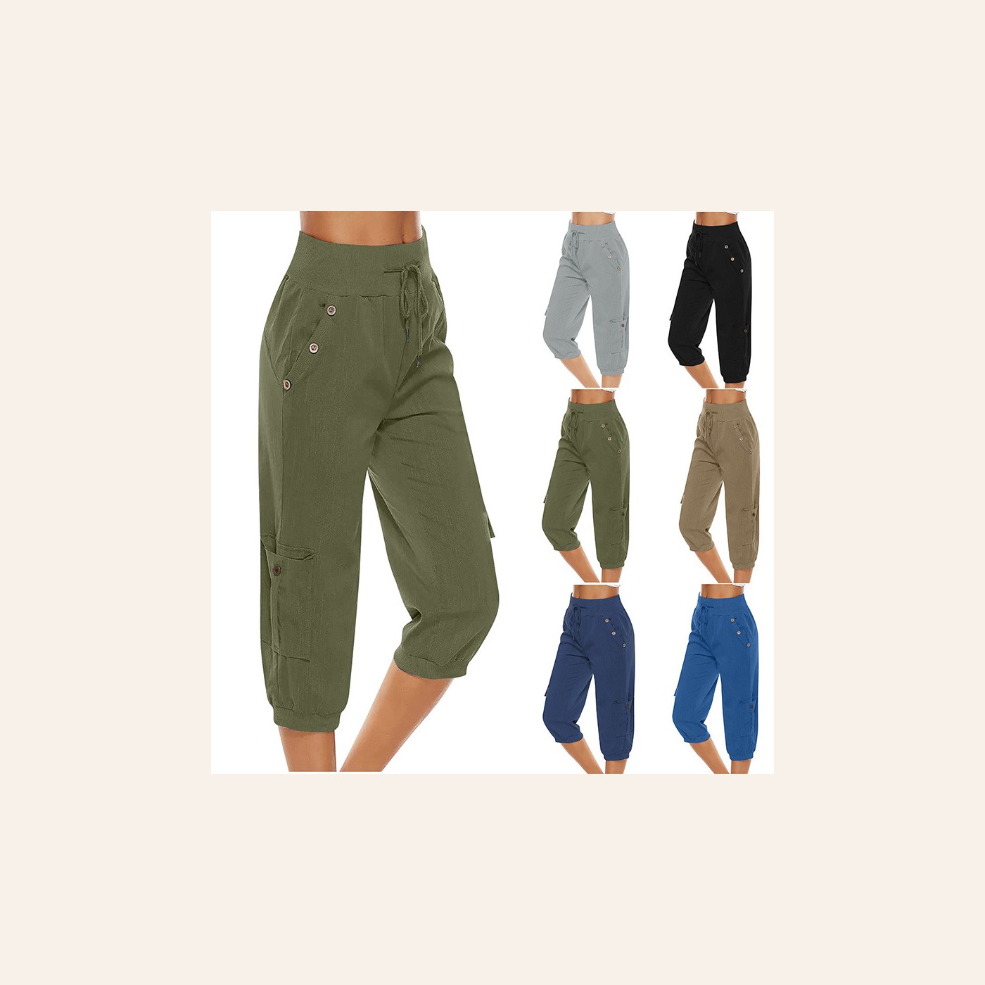 Ladies Cropped Pants Cotton Linen Cargo Pocket Everyday clean ecommerce product photo for Velvet Souq UAE