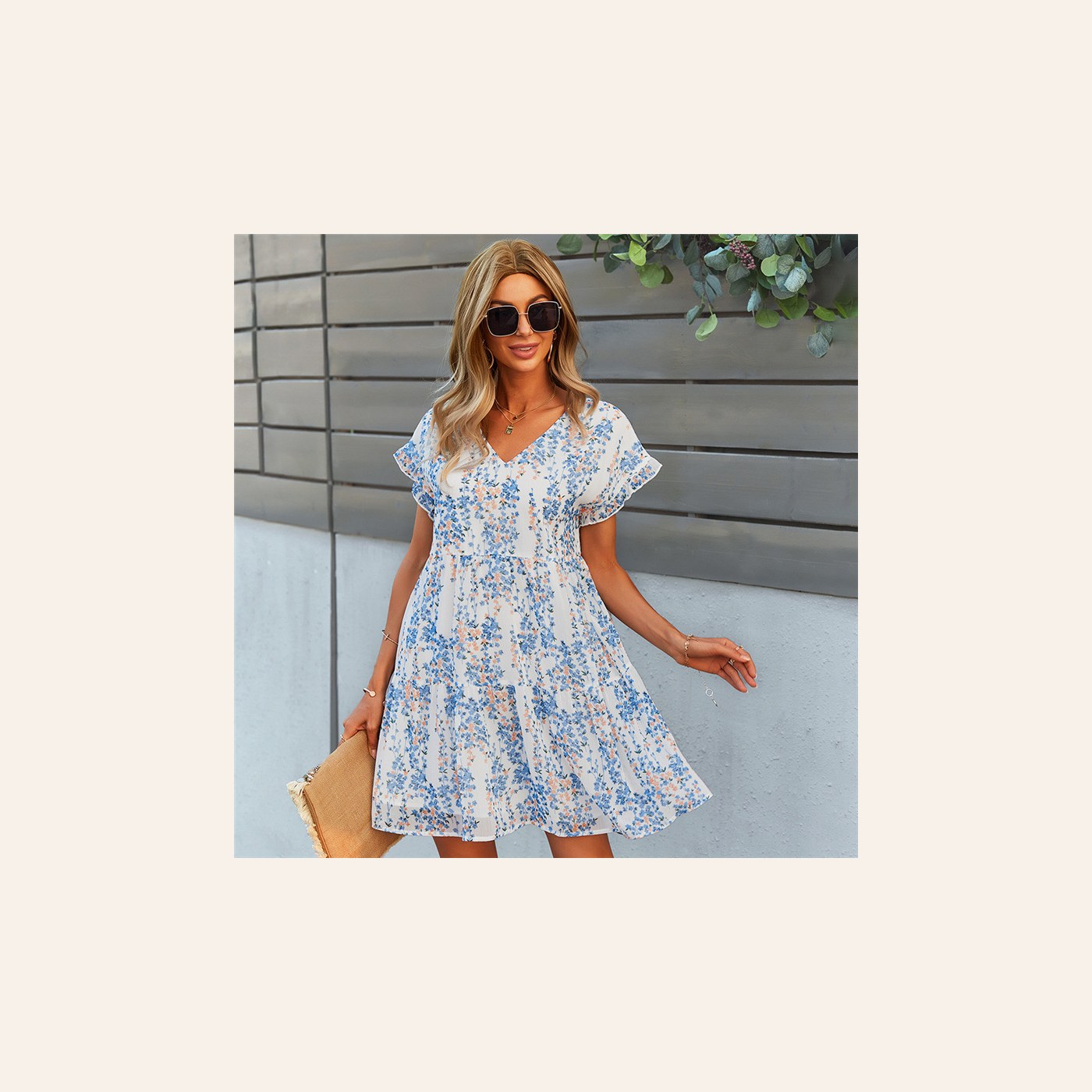 Ladies Ruffle Loose Short Dress Summer Chiffon Dress clean ecommerce product photo for Velvet Souq UAE