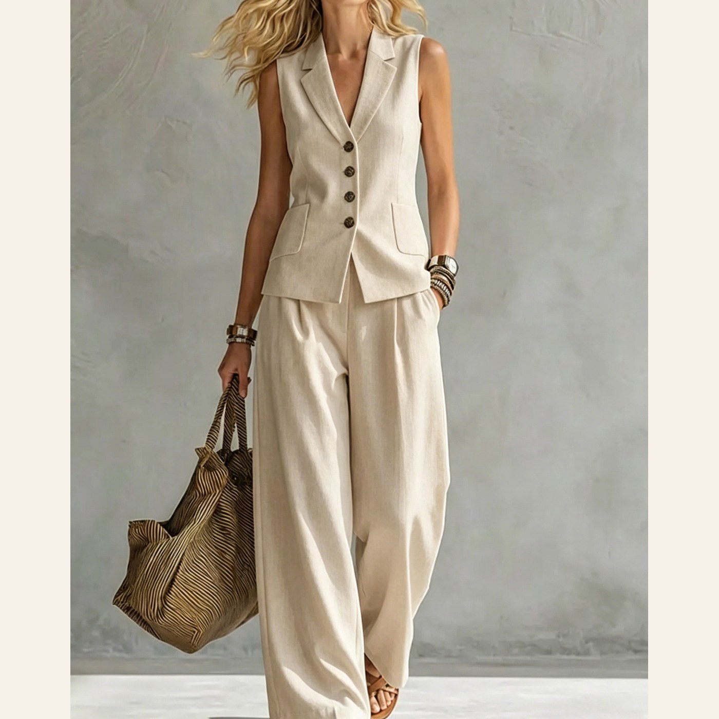 Ladies Two-Piece V-Neck Sleeveless Vest And Wide Leg Pants clean ecommerce product photo for Velvet Souq UAE