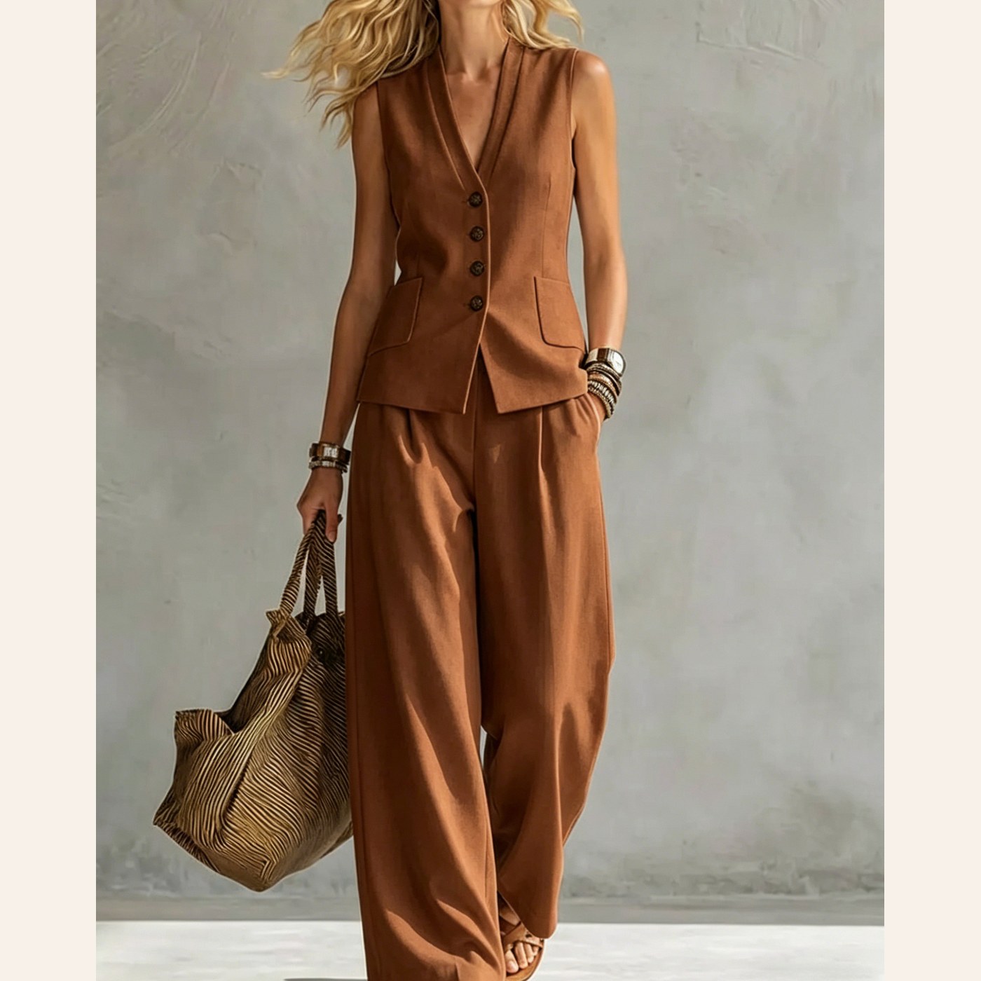 Ladies Two-Piece V-Neck Sleeveless Vest And Wide Leg Pants gallery image