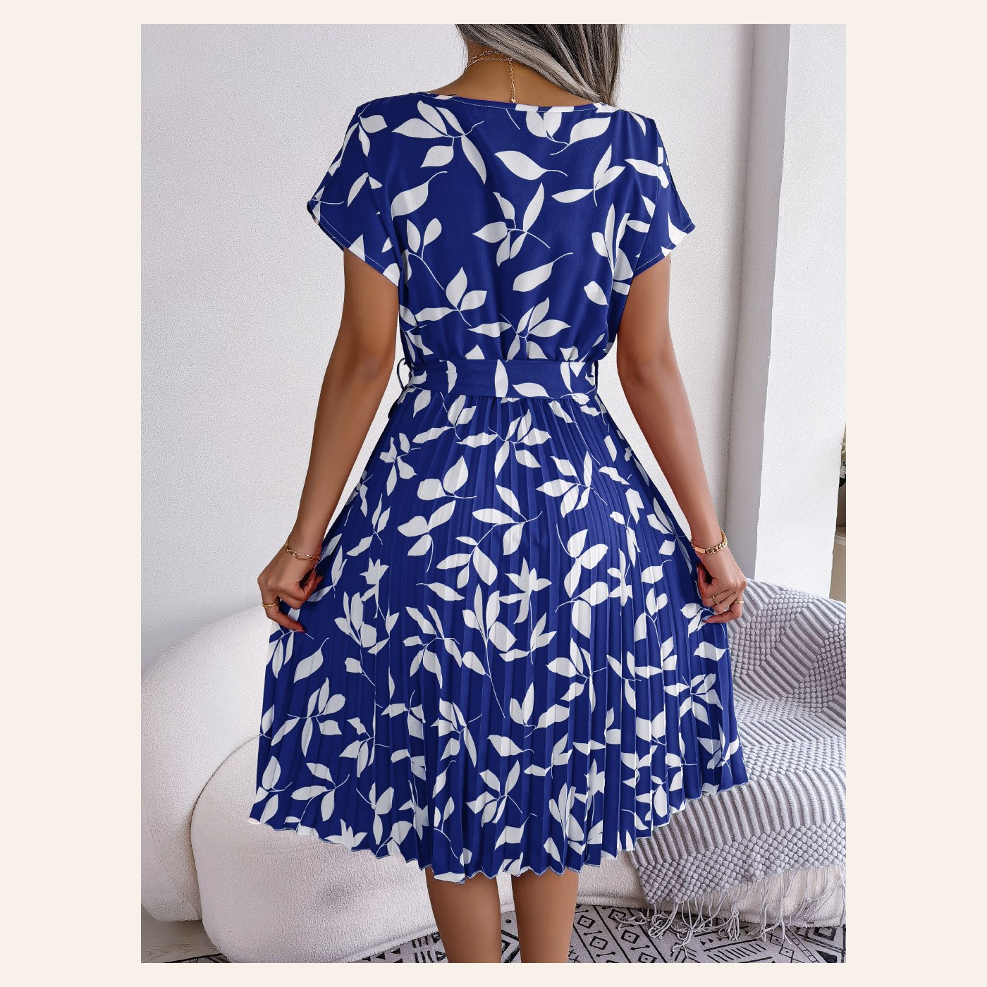 Leaf Print Dress Ladies Short Sleeve Lace-Up Skirt clean ecommerce product photo for Velvet Souq UAE