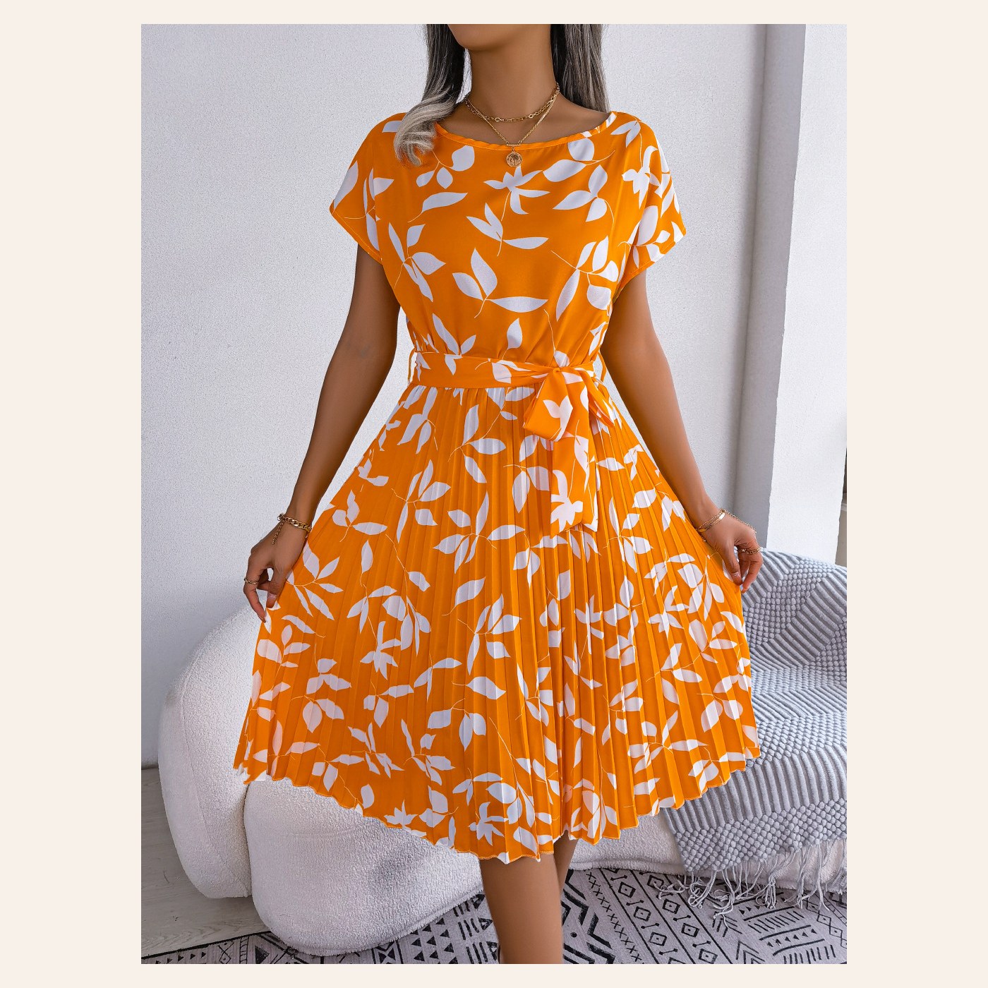 Leaf Print Dress Ladies Short Sleeve Lace-Up Skirt gallery image
