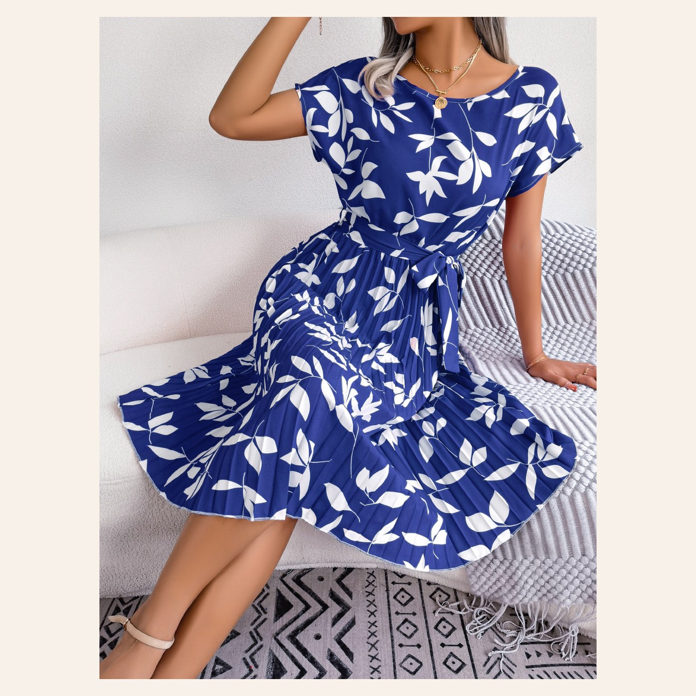 Leaf Print Dress Ladies Short Sleeve Lace-Up Skirt gallery image